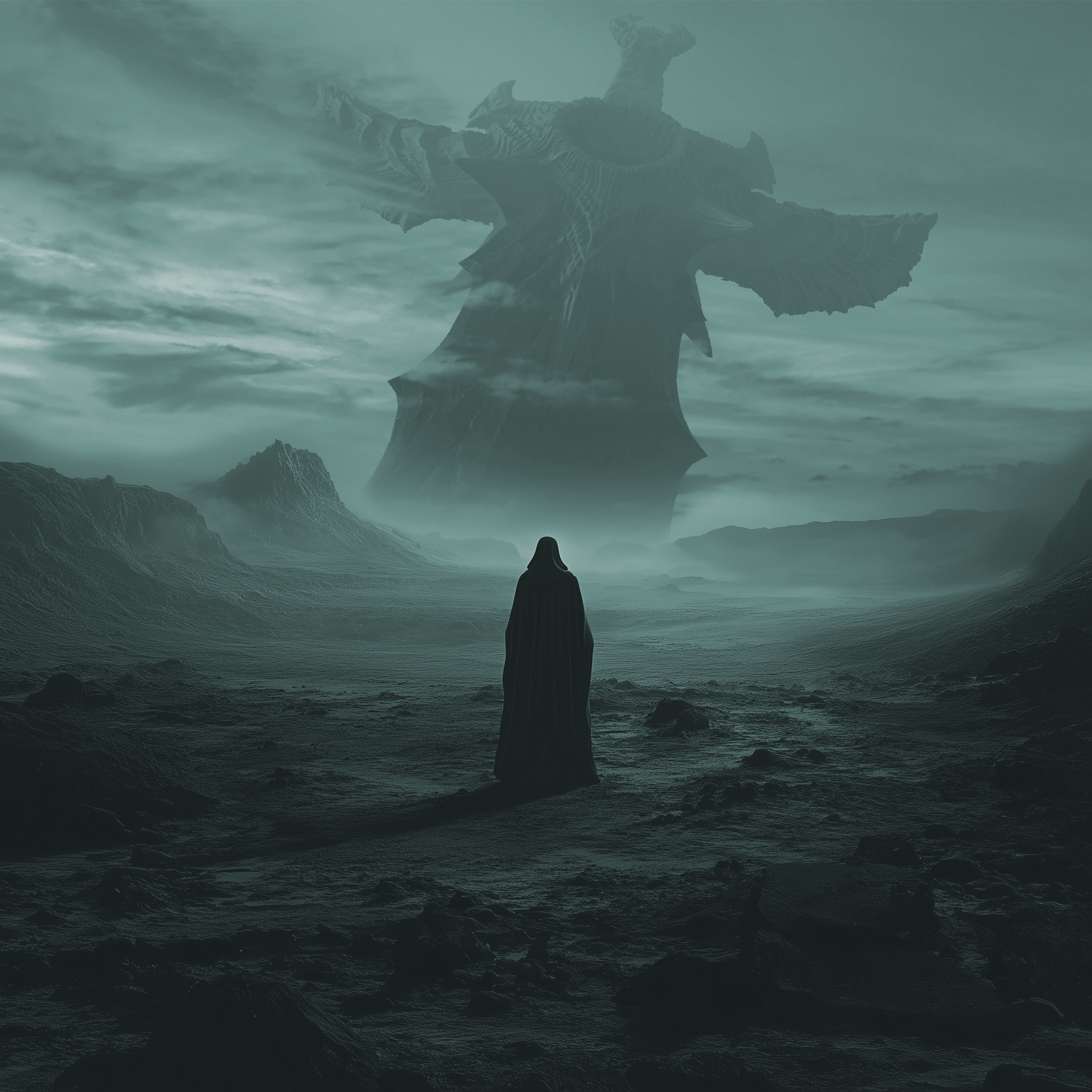 A barren landscape with a single cloaked figure